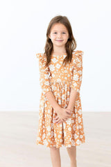 Golden Blooms 3/4 Sleeve Ruffle Twirl Dress
