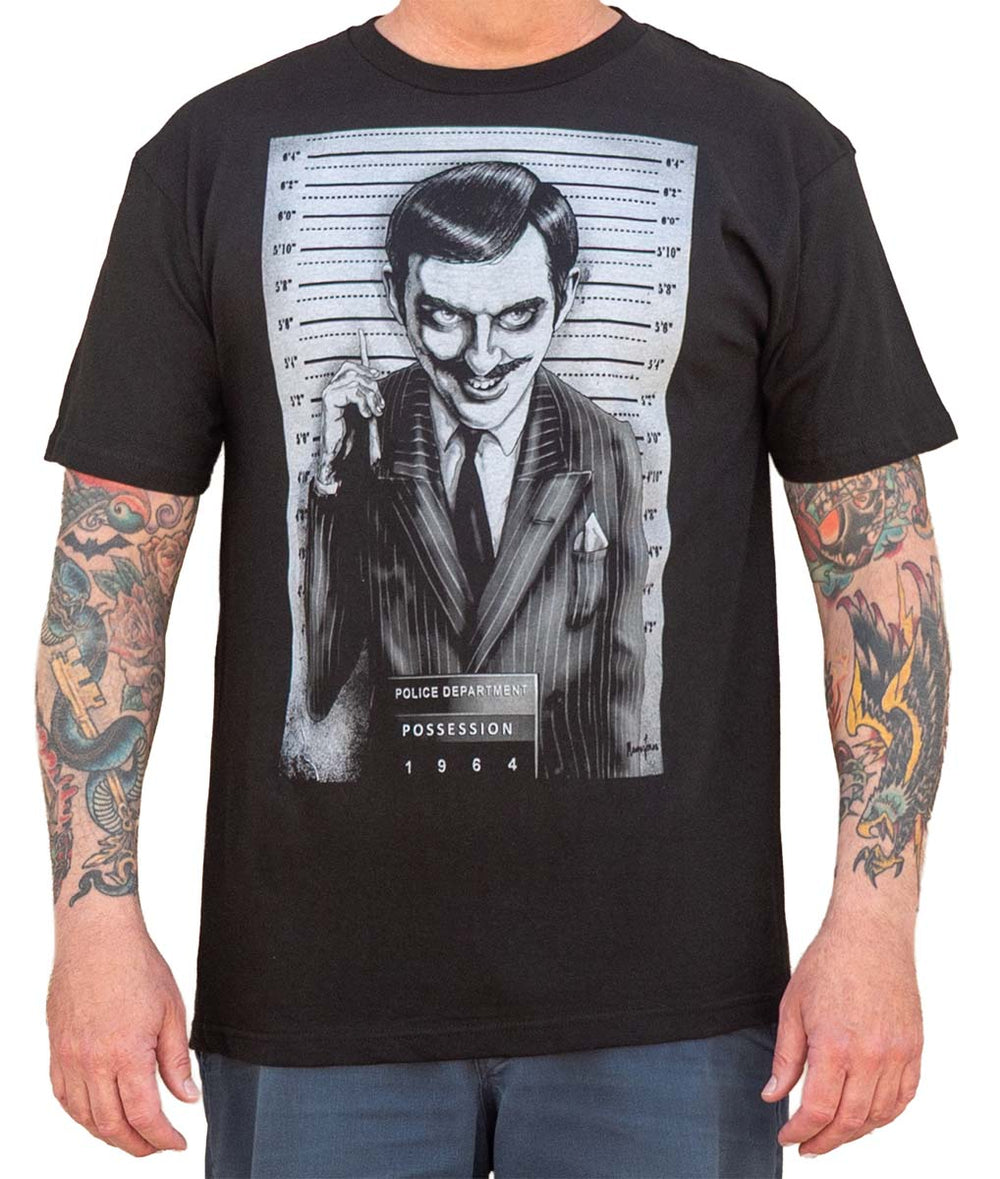 Black Market Art Company GOMEZ Men's T-Shirt| Gomez Addams Family Mugshot 
