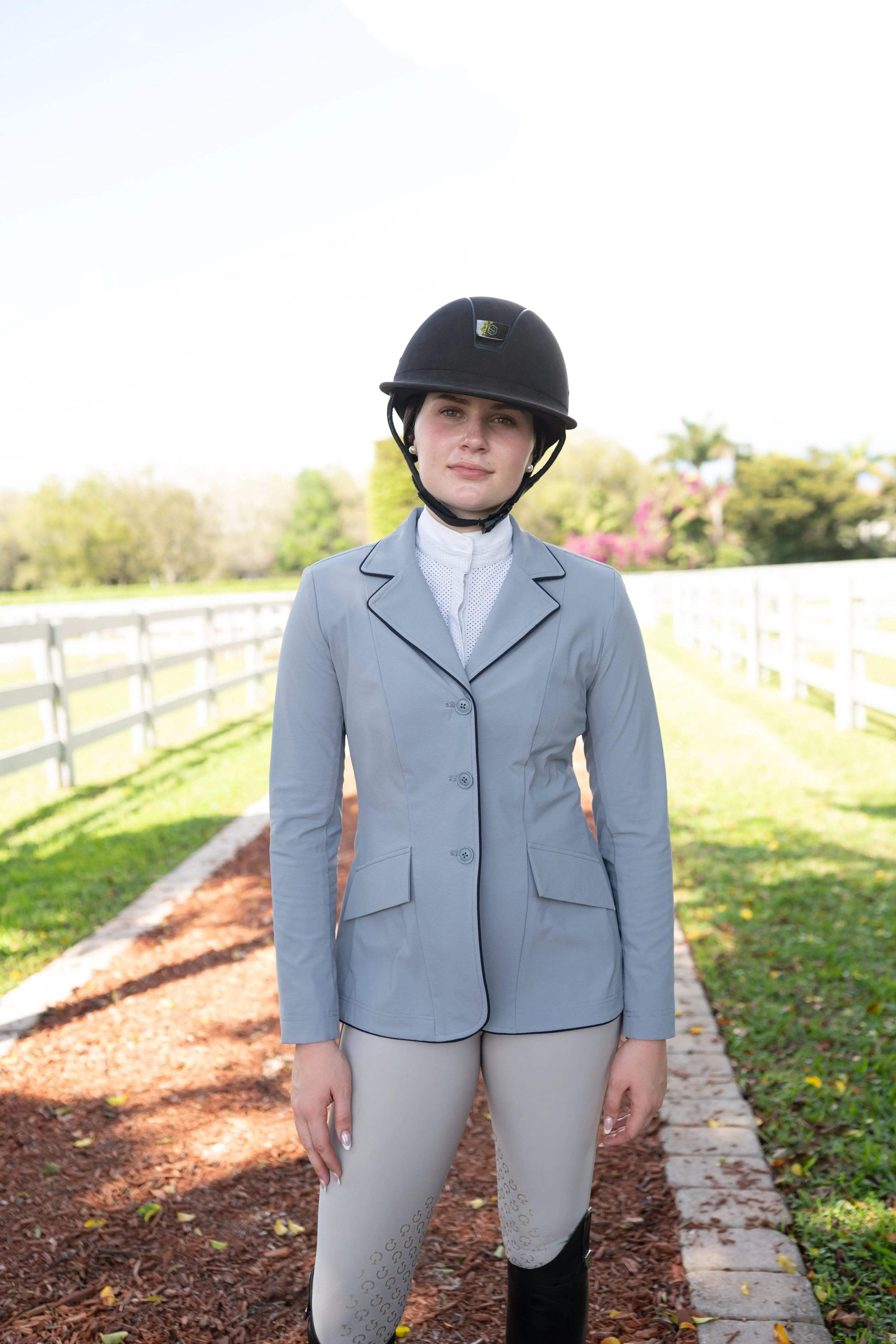 Grand Prix Ladies EQJ 3 Button Show Coat, Cadet Blue with Navy Piping - Huntley Equestrian - Flyclothing LLC