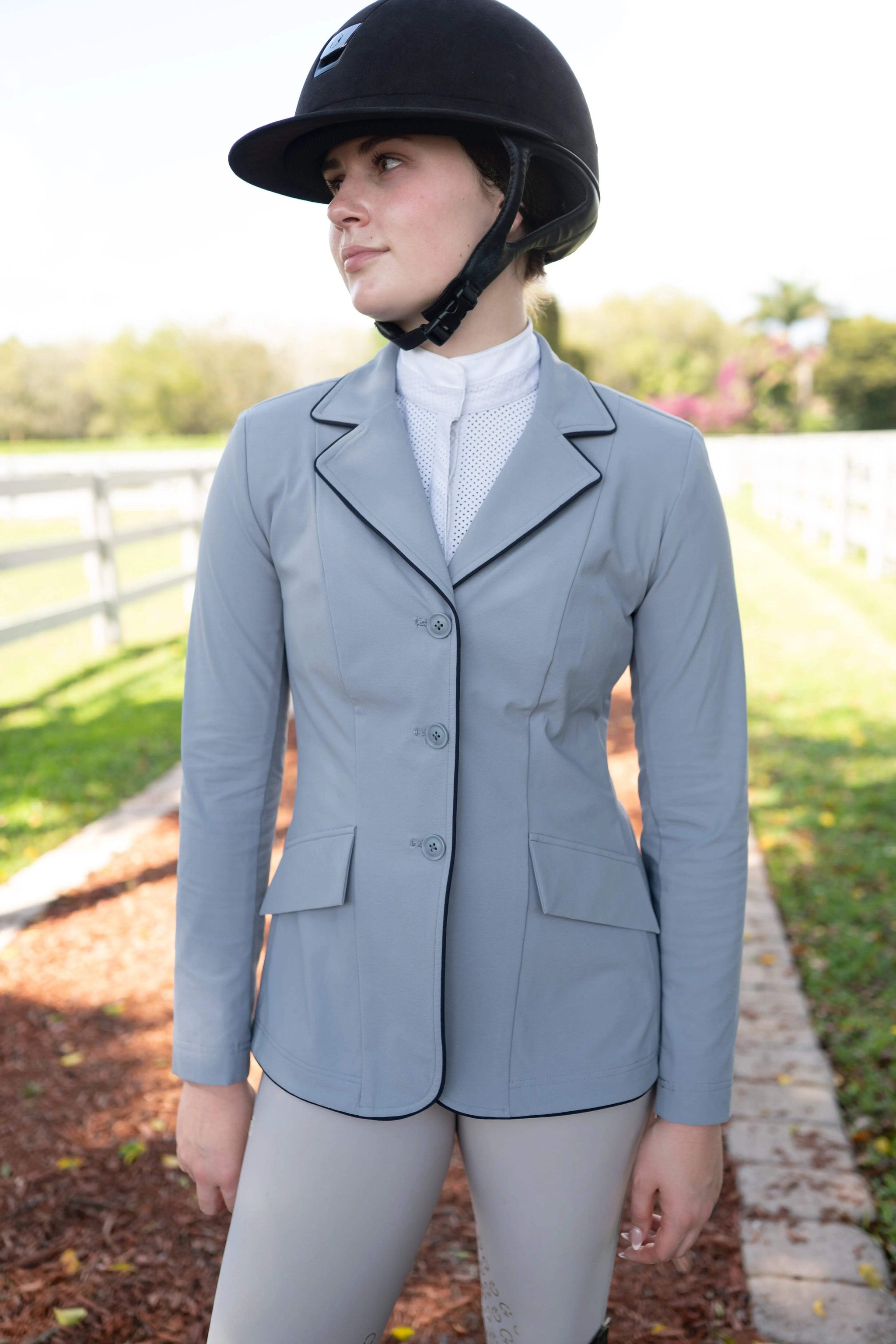 Grand Prix Ladies EQJ 3 Button Show Coat, Cadet Blue with Navy Piping - Huntley Equestrian - Flyclothing LLC