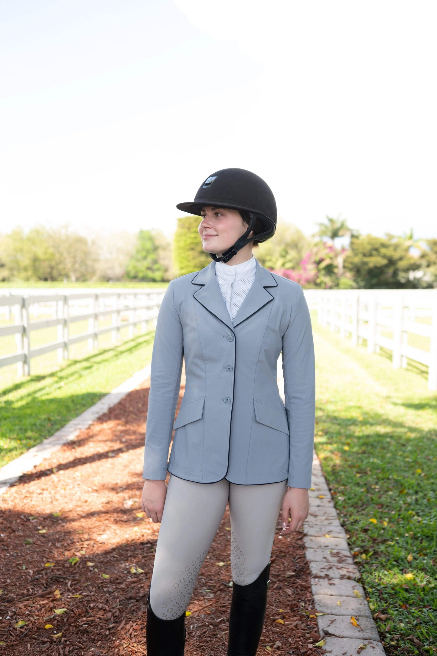 Grand Prix Ladies EQJ 3 Button Show Coat, Cadet Blue with Navy Piping - Huntley Equestrian - Flyclothing LLC