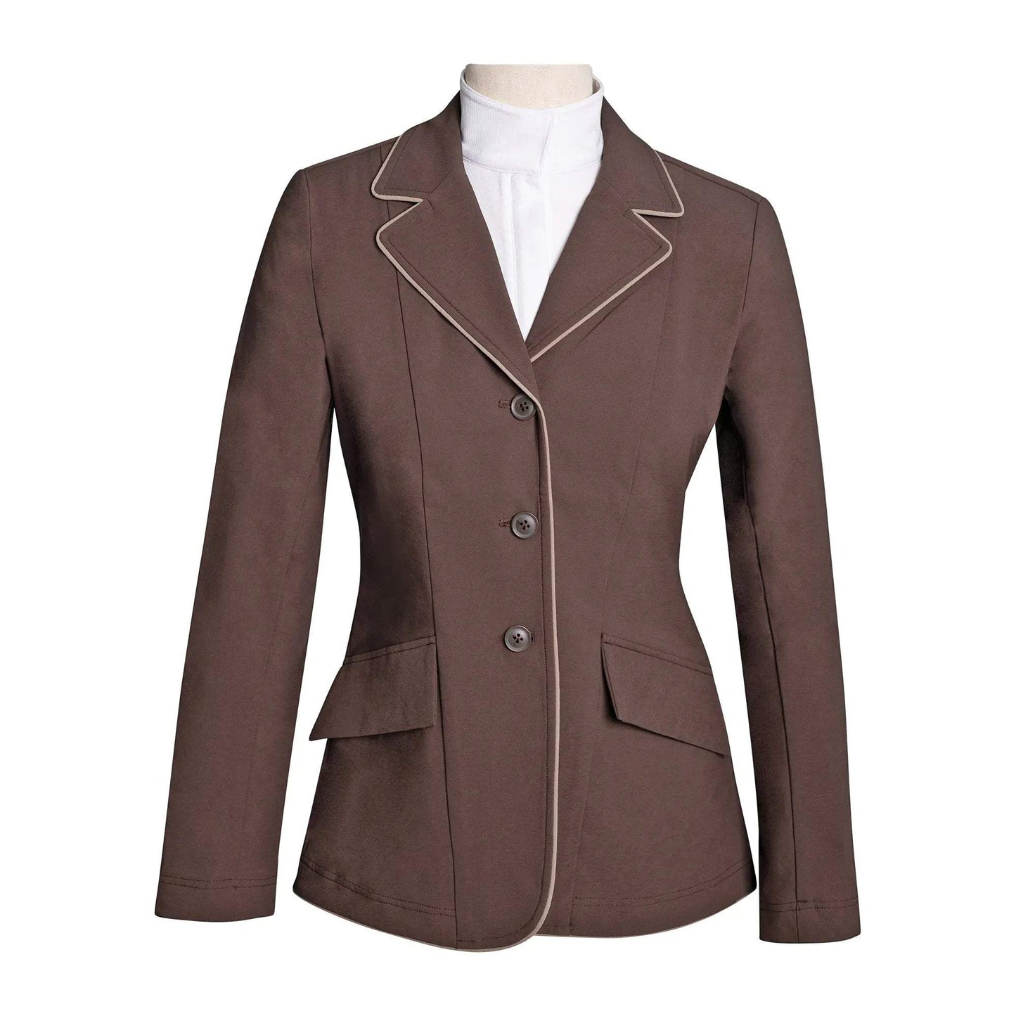 Grand Prix Ladies EQJ 3 Button Show Coat, Chocolate with Tan Piping - Huntley Equestrian - Flyclothing LLC