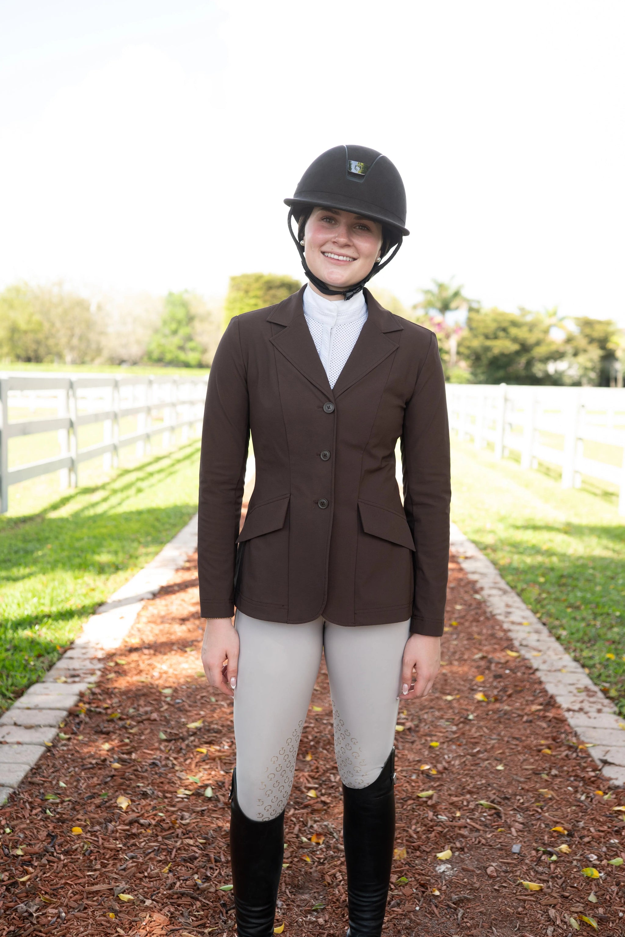 Grand Prix Ladies EQJ 3 Button Show Coat, NY Tech Fabric, Chocolate