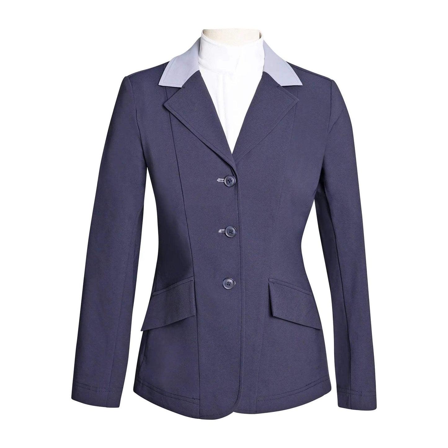 Grand Prix Ladies EQJ 3 Button Show Coat, Navy with Cadet Blue Collar - Huntley Equestrian - Flyclothing LLC