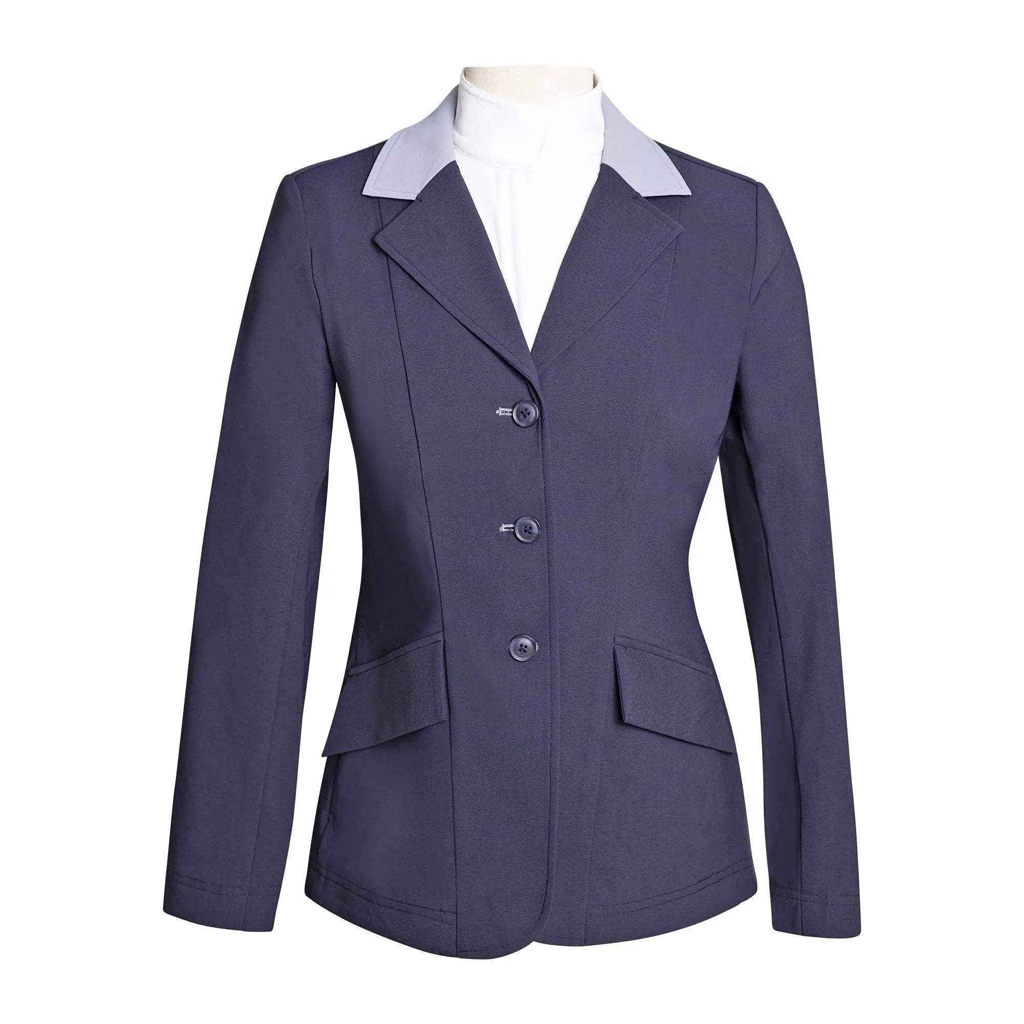 Grand Prix Ladies EQJ 3 Button Show Coat, Navy with Cadet Blue Collar - Huntley Equestrian - Flyclothing LLC
