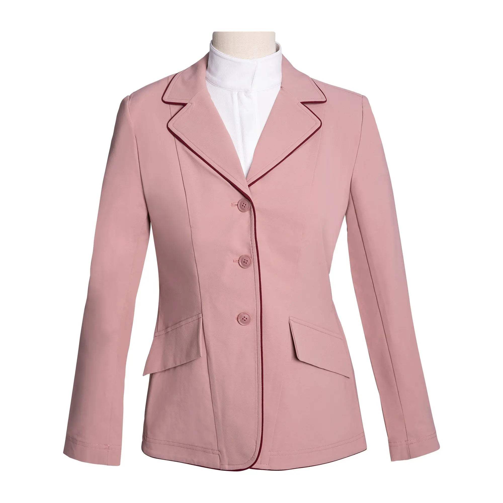Grand Prix Ladies EQJ 3 Button Show Coat, Rose with Burgundy Piping - Huntley Equestrian - Flyclothing LLC