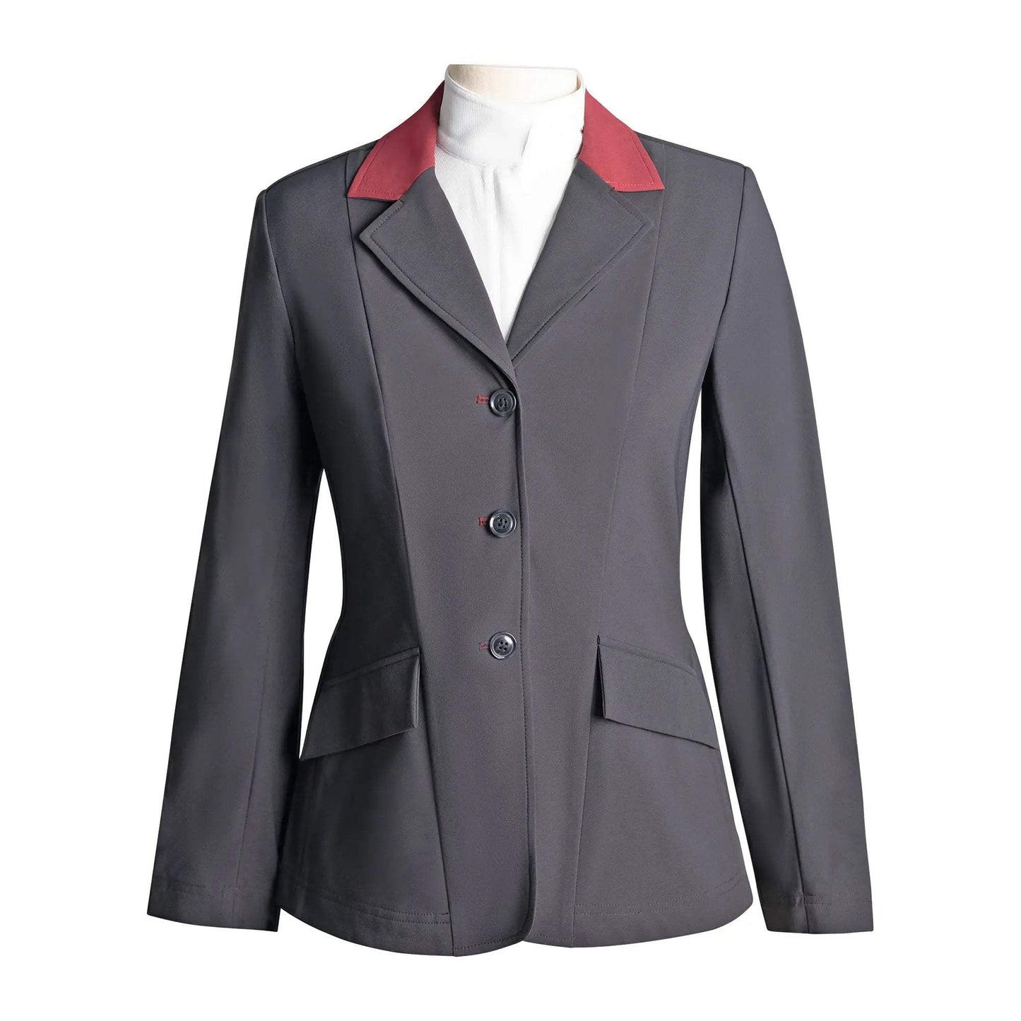 Grand Prix Ladies EQJ Classic 3 Button Show Jacket, Black with Burgundy Collar - Huntley Equestrian - Flyclothing LLC