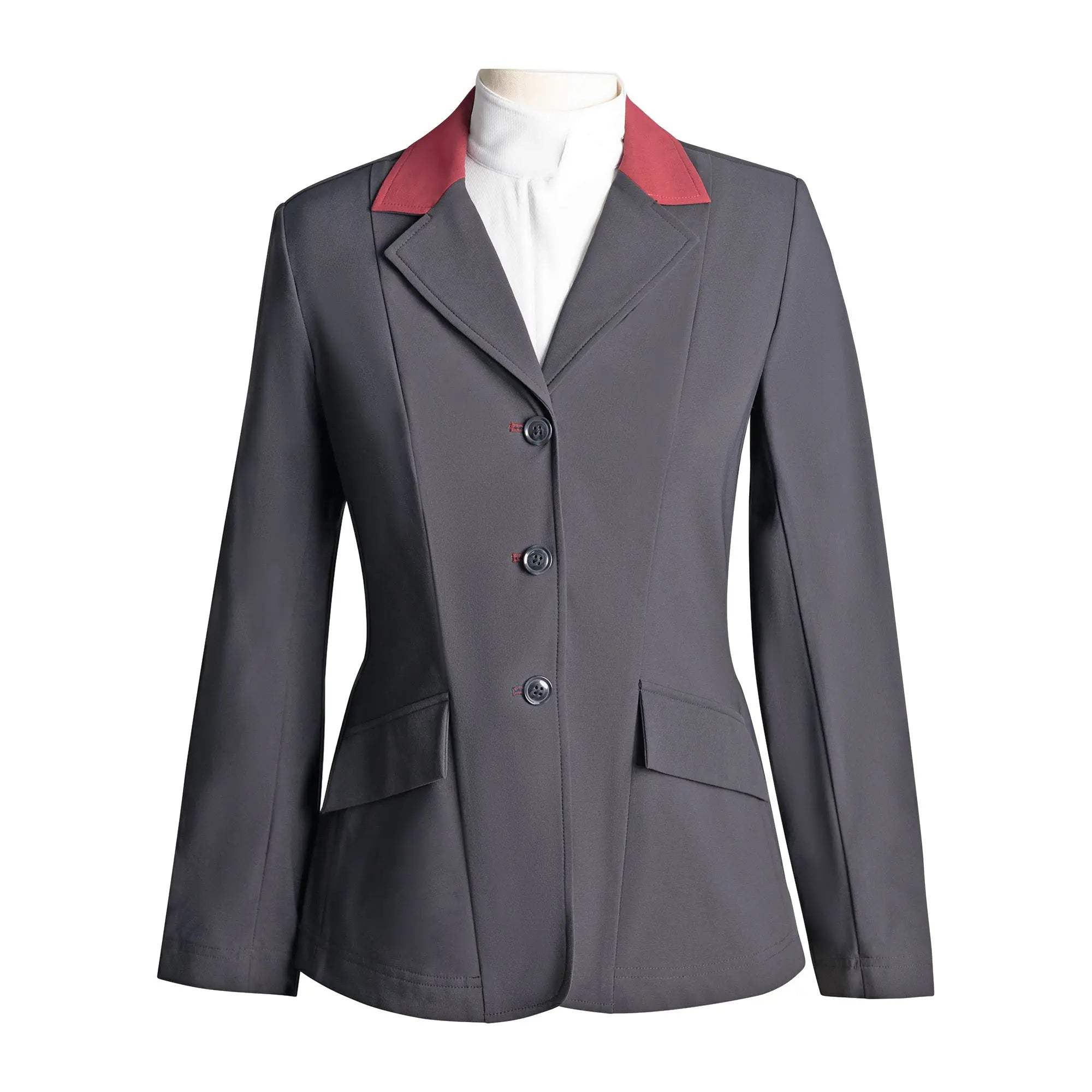 Grand Prix Ladies EQJ Classic 3 Button Show Jacket, Black with Burgundy Collar - Huntley Equestrian - Flyclothing LLC