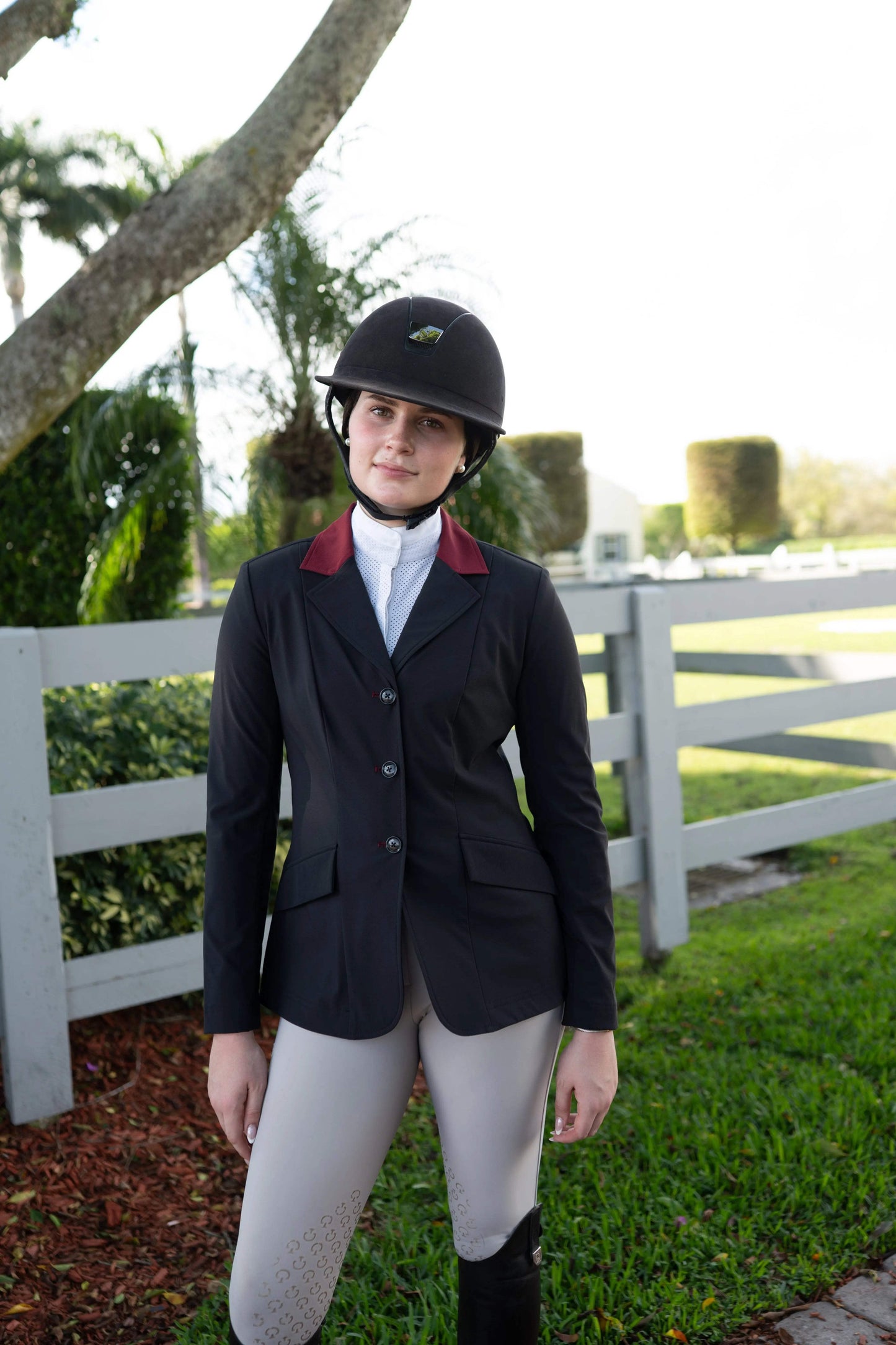 Grand Prix Ladies EQJ Classic 3 Button Show Jacket, Black with Burgundy Collar - Huntley Equestrian - Flyclothing LLC