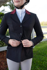Grand Prix Ladies EQJ Classic 3 Button Show Jacket, Black with Burgundy Collar - Huntley Equestrian - Flyclothing LLC