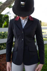 Grand Prix Ladies EQJ Classic 3 Button Show Jacket, Black with Burgundy Collar - Huntley Equestrian - Flyclothing LLC