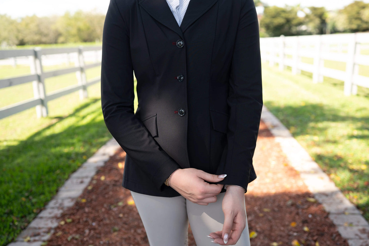 Grand Prix Ladies EQJ Classic 3 Button Show Jacket, Black with Burgundy Collar - Huntley Equestrian - Flyclothing LLC