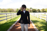 Grand Prix Ladies EQJ Classic 3 Button Show Jacket, Black with Burgundy Collar - Huntley Equestrian - Flyclothing LLC
