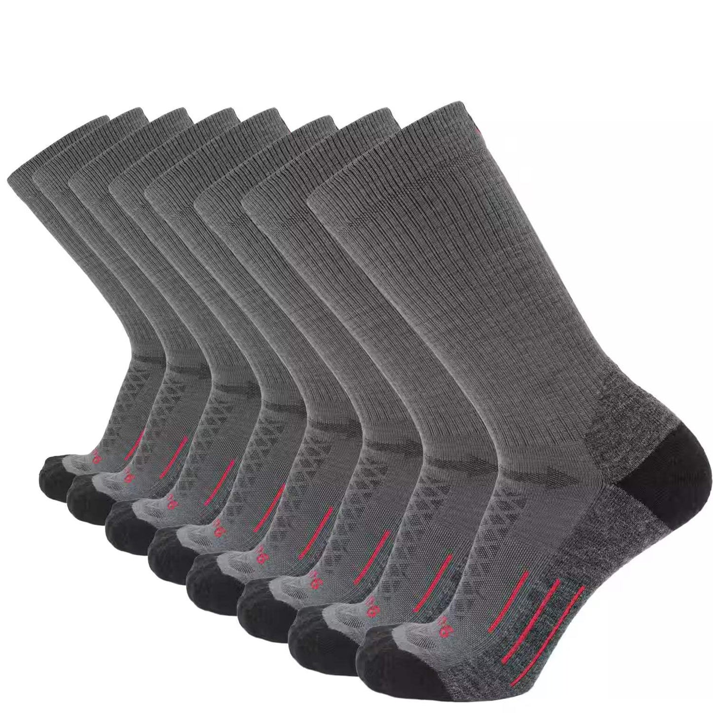 8 Pairs Graphite - Hike Crew Midweight Merino Wool Sock - GRIP6 - Flyclothing LLC