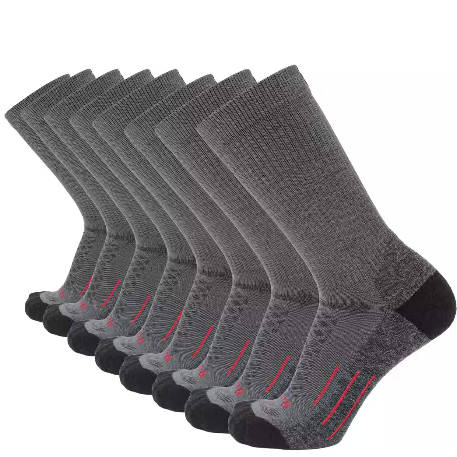 8 Pairs Graphite - Hike Crew Midweight Merino Wool Sock - GRIP6 - Flyclothing LLC