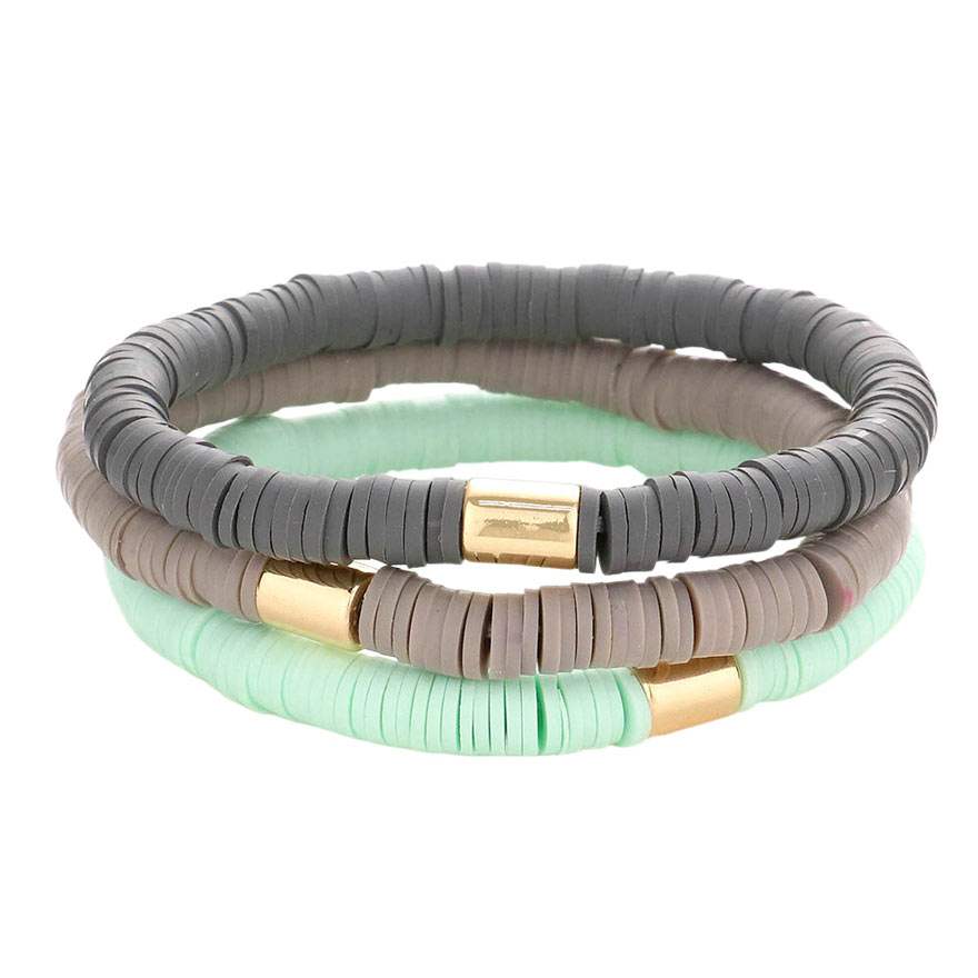 3PCS Metal Cylinder Heishi Beaded Stretch Bracelets - Madeline Love - Flyclothing LLC