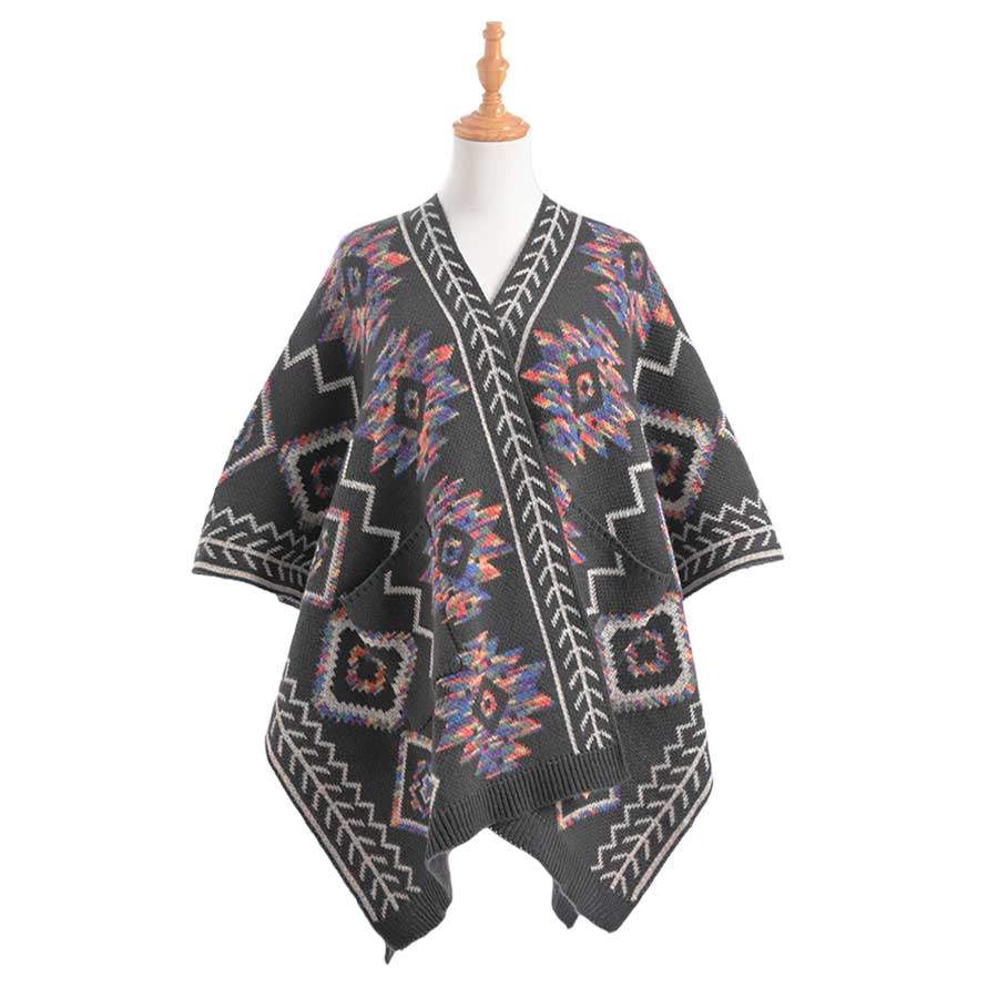 Beautiful Boho Patterned Front Pockets Poncho - Madeline Love - Flyclothing LLC