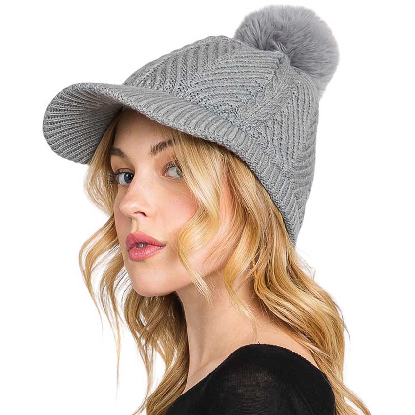 Chevron Patterned Faux Fur Pom Pom Knit Cap - Madeline Love - Flyclothing LLC