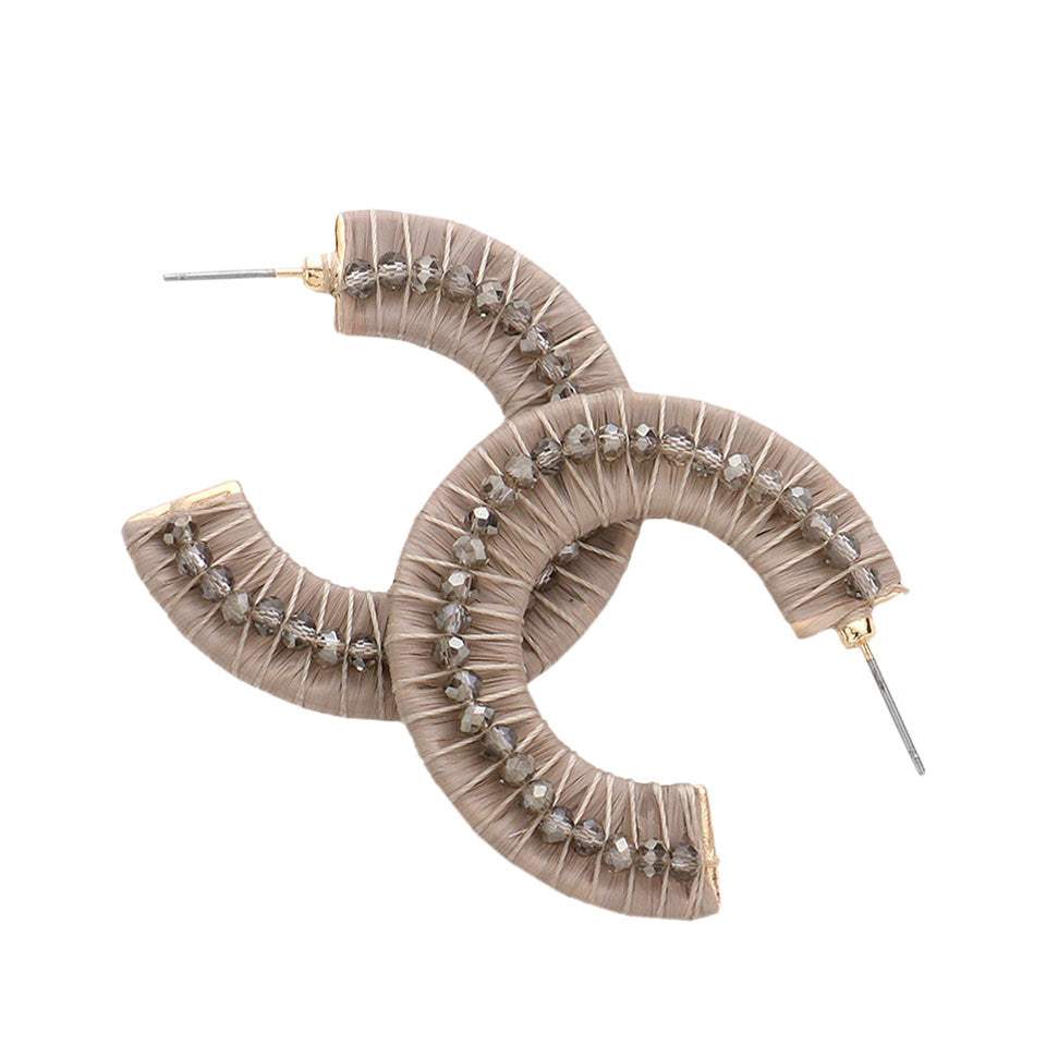 Faceted Bead Embellished Raffia Wrapped Hoop Earrings - Madeline Love - Flyclothing LLC