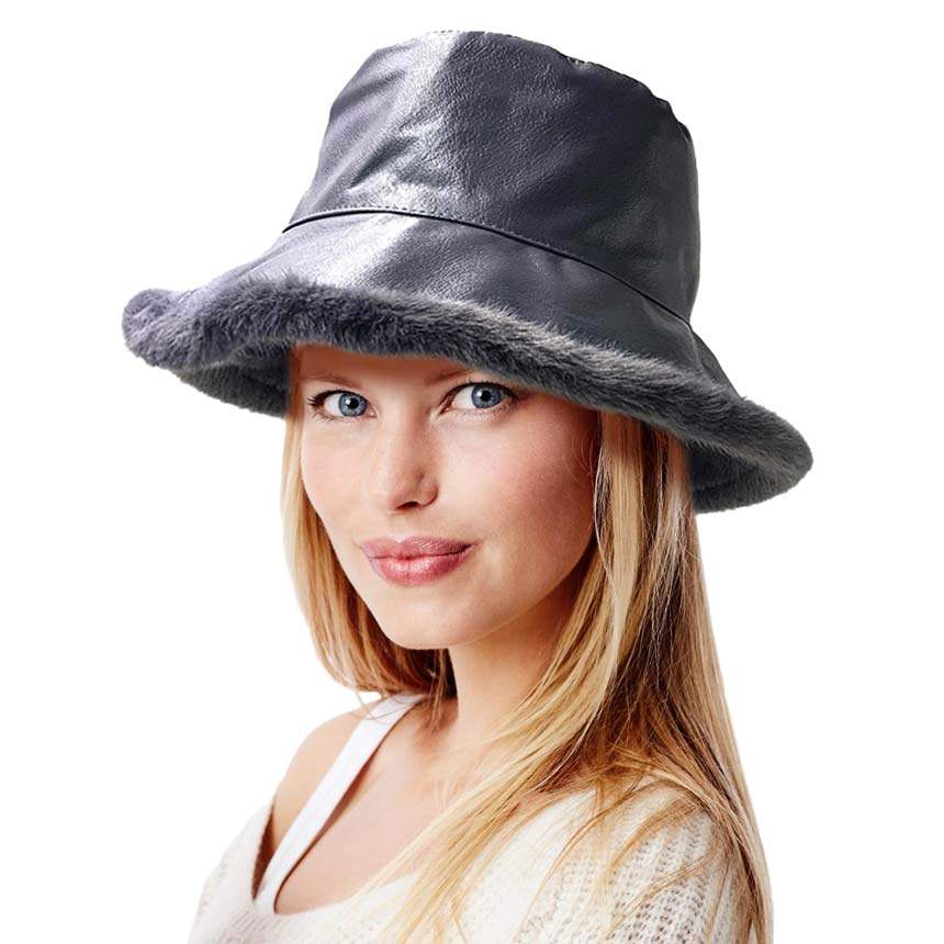 Faux Fur Inside Brim Solid Bucket Hat - Madeline Love - Flyclothing LLC