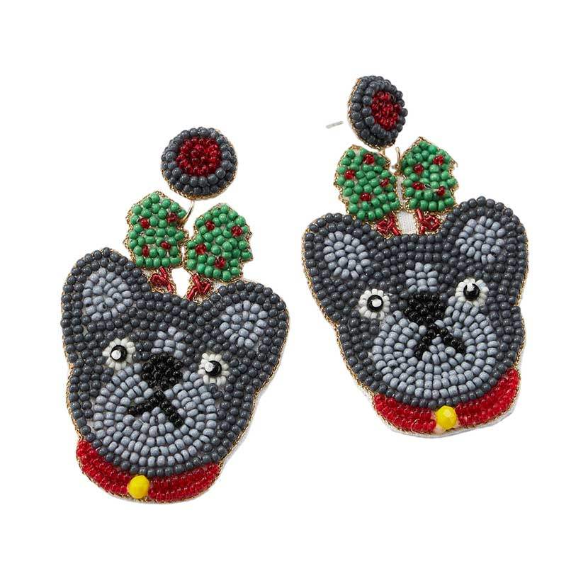 Felt Back Seed Beaded Christmas Tree Bulldog Dangle Earrings - Madeline Love - Flyclothing LLC