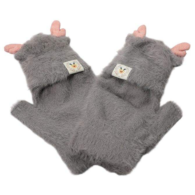 Fuzzy Reindeer Ear Fingerless Flap Winter Gloves - Madeline Love - Flyclothing LLC