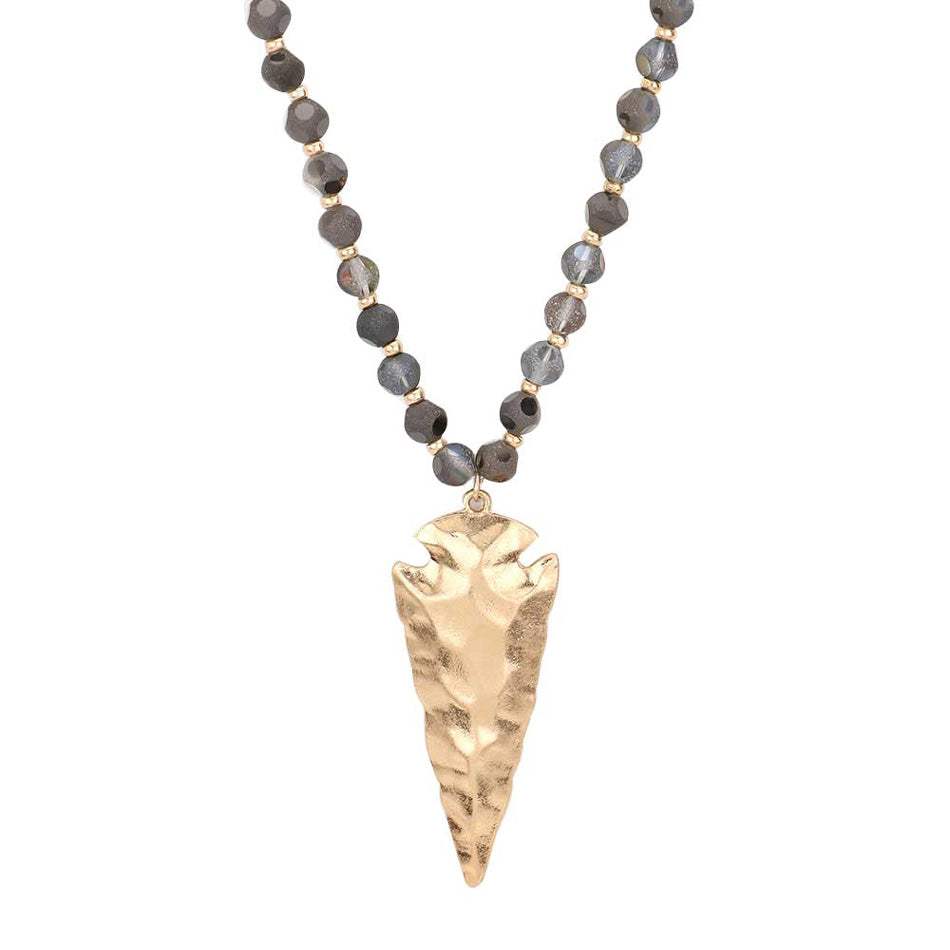 Hammered Metal Arrow Pendant Faceted Beads Long Necklace - Madeline Love - Flyclothing LLC