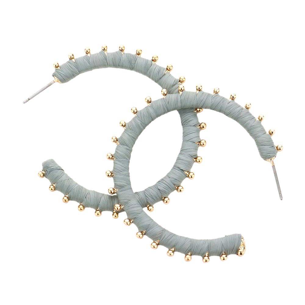 Metal Ball Trimmed Raffia Wrapped Hoop Earrings - Madeline Love - Flyclothing LLC