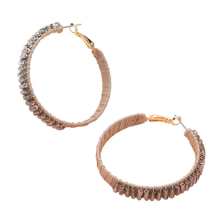 Rectangle Bead Trimmed Raffia Wrapped Hoop Earrings - Madeline Love - Flyclothing LLC