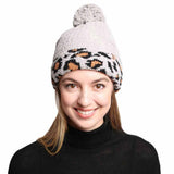 Solid Color Linked Leopard Accented Pom Pom Beanie Hats - Madeline Love - Flyclothing LLC