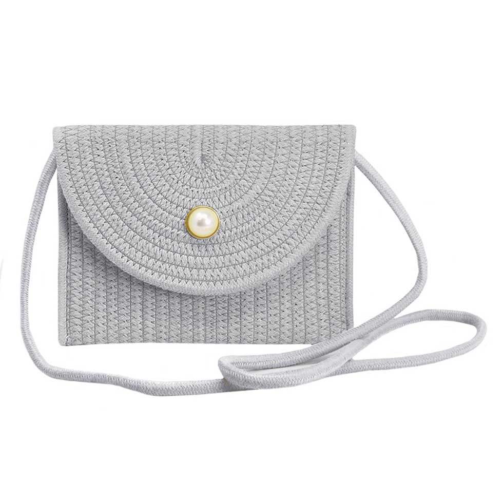 Solid Color With Pearl Button Straw Micro Crossbody Bag - Madeline Love - Flyclothing LLC