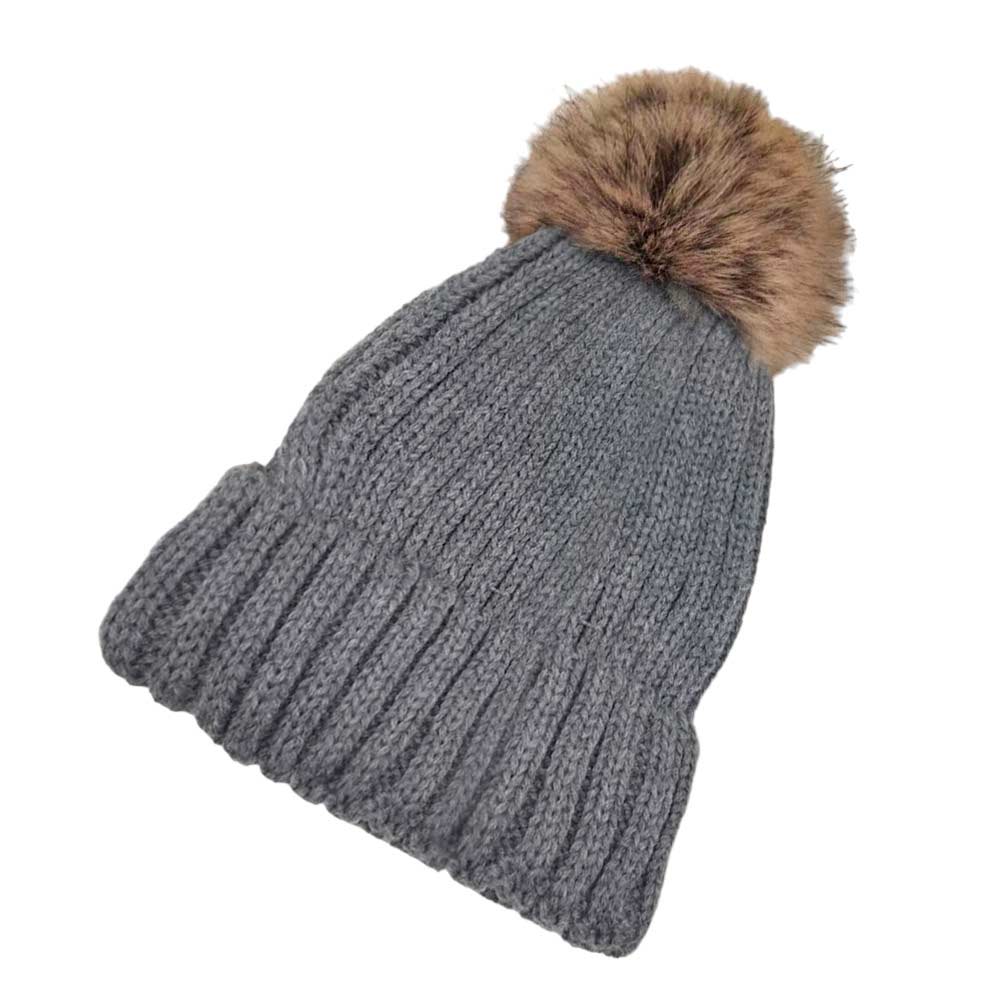 Solid Knit Faux Fur Pom Pom Beanie Hat - Madeline Love - Flyclothing LLC
