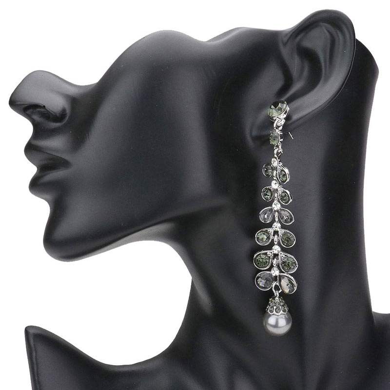 Stone Embellished Leaf Pearl Link Dangle Evening Earrings - Madeline Love - Flyclothing LLC