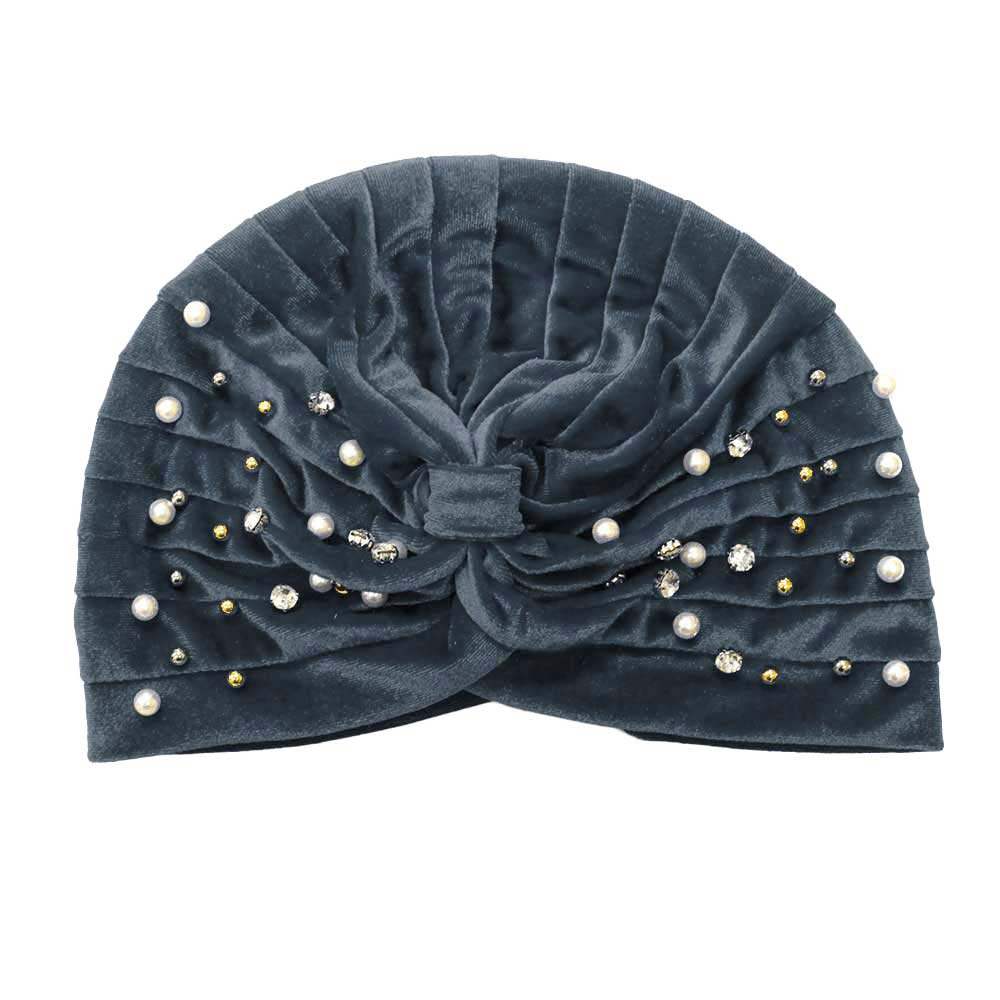Stone Pearl Detailed Pleated Turban Beanie Hat - Madeline Love - Flyclothing LLC