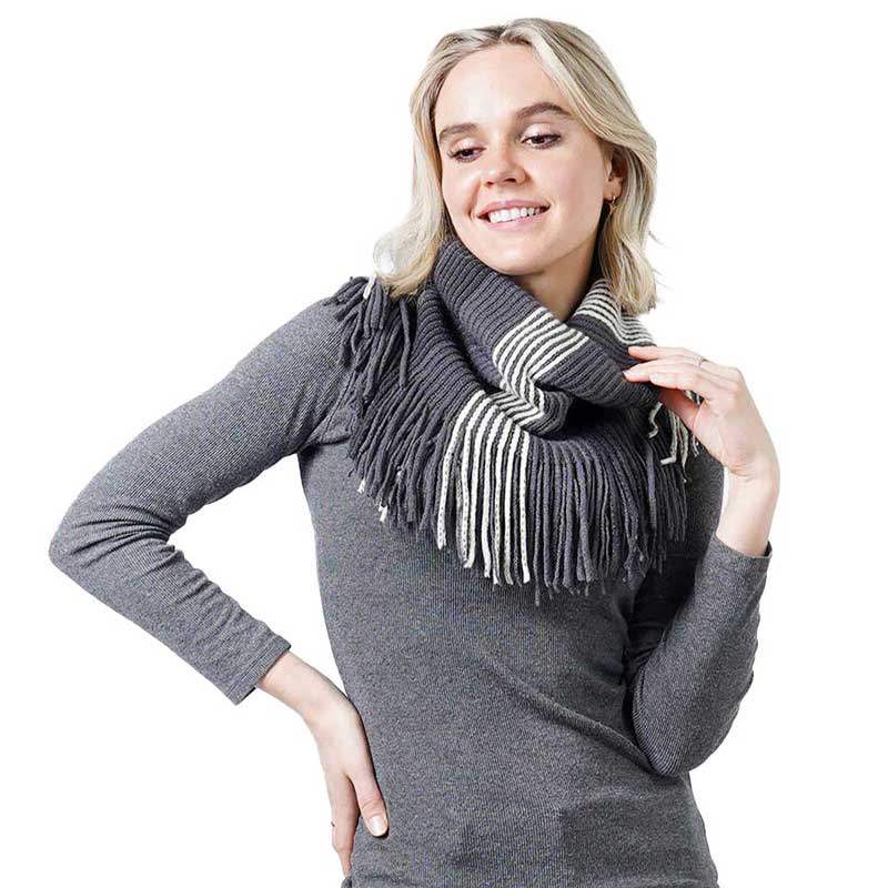 Stripe Knit Tube Scarf With Tassel - Madeline Love - Flyclothing LLC