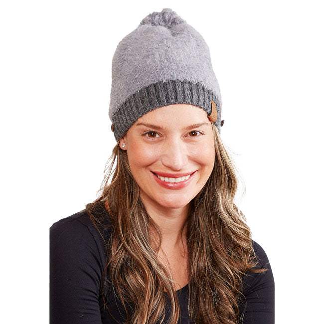 Trendy Face Mask Holder Button Cable Knit Pom Pom Beanie Hat - Madeline Love - Flyclothing LLC