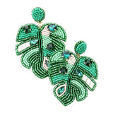 Felt Back Stone Embellished Seed Beaded Leaf Dangle Earring - Madeline Love - Flyclothing LLC
