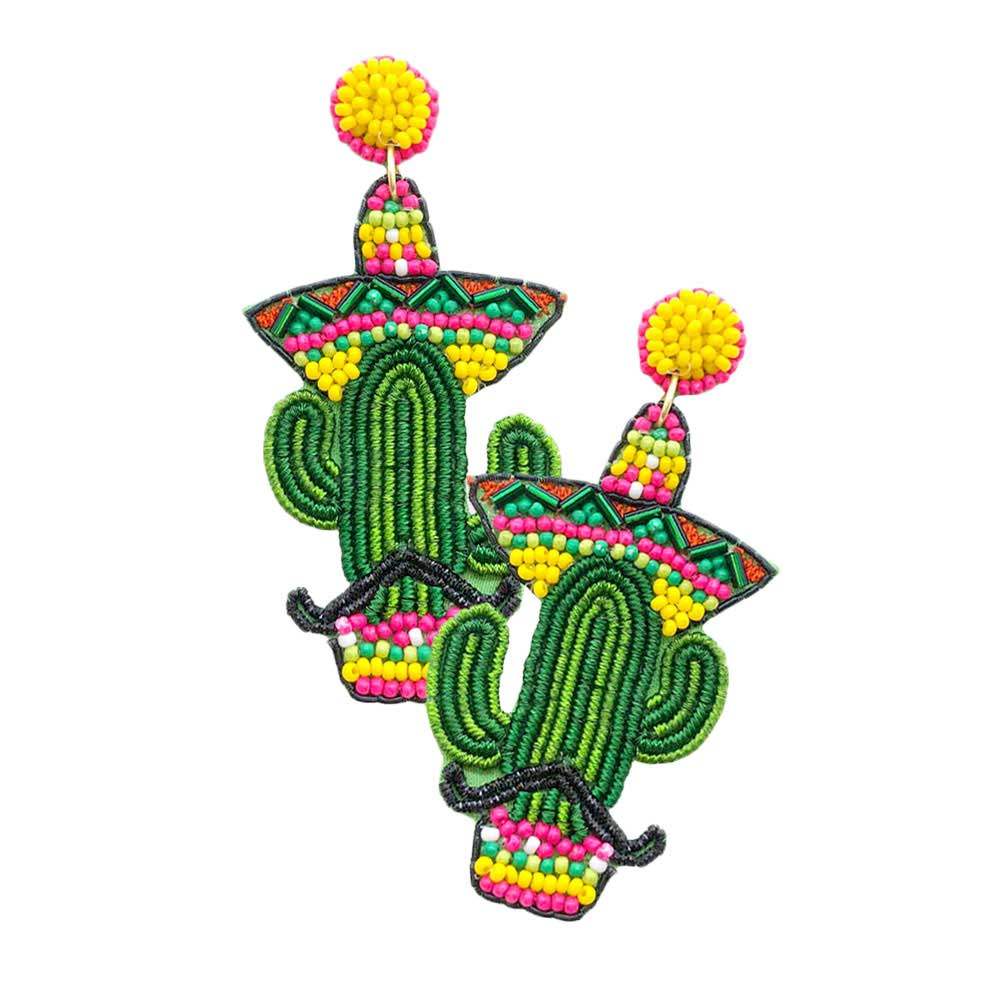 Felt Back Seed Beaded Cactus Dangle Earrings - Madeline Love - Flyclothing LLC
