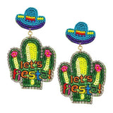 Lets Fiesta Felt Back Sequin Beaded Cactus Dangle Earrings - Madeline Love - Flyclothing LLC