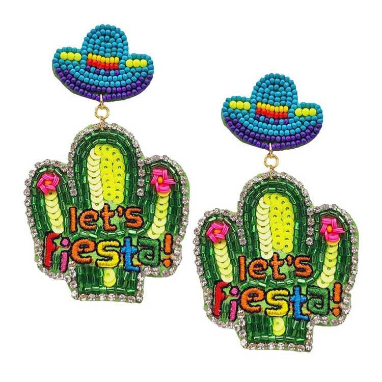 Lets Fiesta Felt Back Sequin Beaded Cactus Dangle Earrings - Madeline Love - Flyclothing LLC