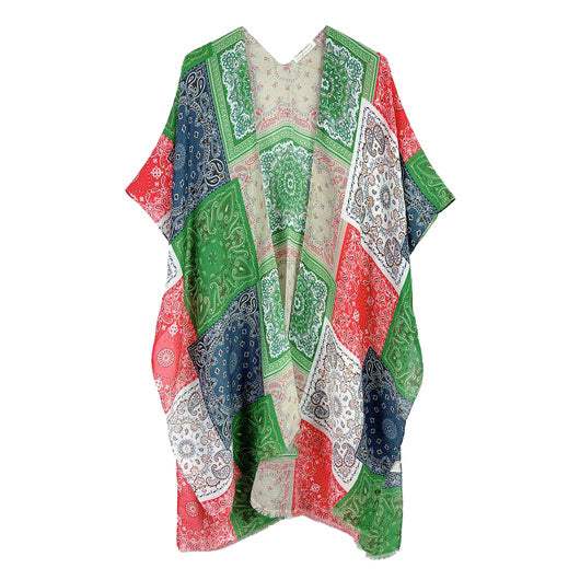 Paisley Bandana Patterned Cover Up Kimono Poncho - Madeline Love - Flyclothing LLC