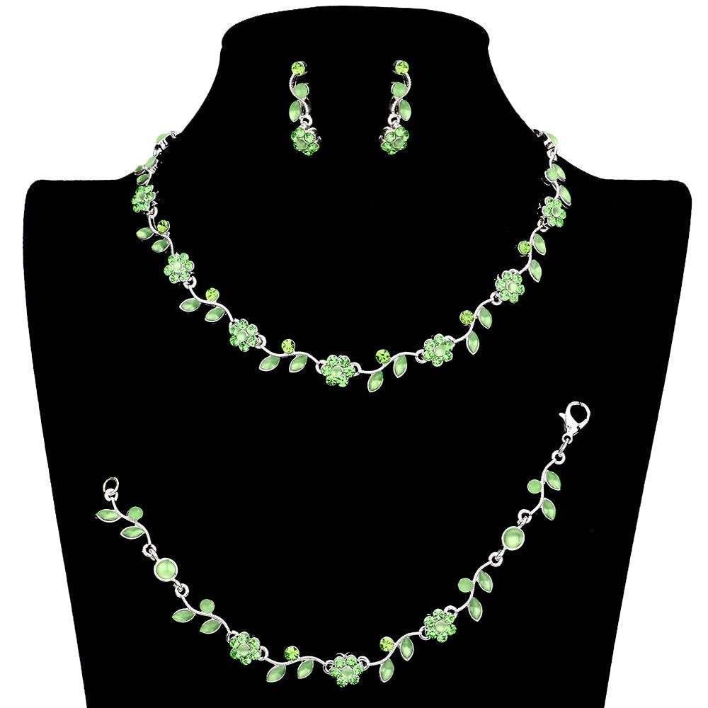 3PCS Flower Leaf Cluster Rhinestone Necklace Jewelry Set - Madeline Love - Flyclothing LLC