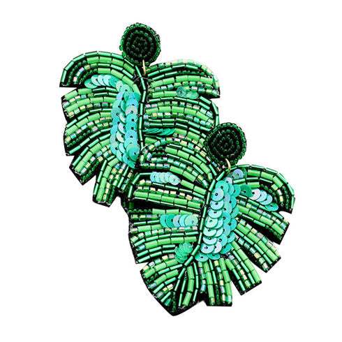 Beaded Tropical Leaf Dangle Earrings - Madeline Love - Flyclothing LLC