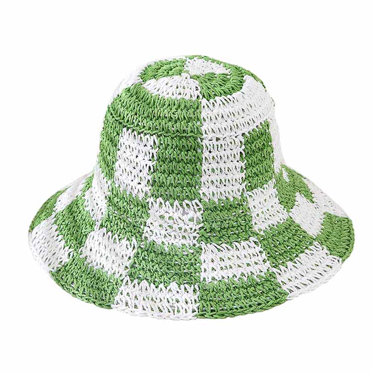 Checkerboard Patterned Straw Bucket Hat - Madeline Love - Flyclothing LLC