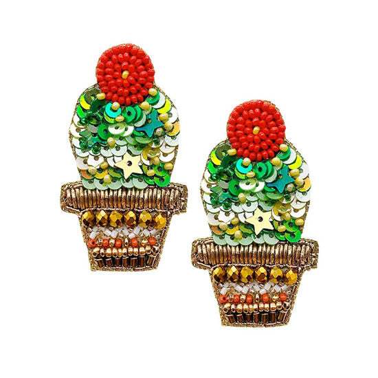 Felt Back Beaded Cactus Dangle Earrings - Madeline Love - Flyclothing LLC