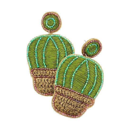 Felt Back Embroidery Cactus Dangle Earrings - Madeline Love - Flyclothing LLC