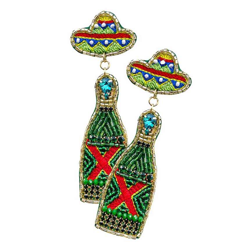 Felt Back Embroidery Hat Beaded Champagne Dangle Earrings - Madeline Love - Flyclothing LLC