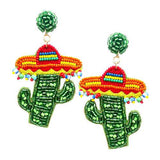 Felt Back Multi Beaded Hat Cactus Dangle Earrings - Madeline Love - Flyclothing LLC