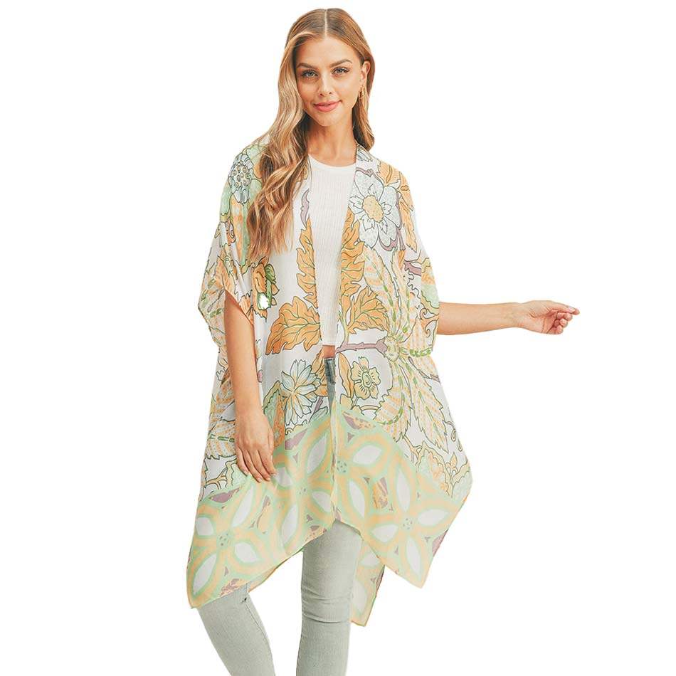 Flower Leaf Print Cover Up Kimono Poncho - Madeline Love - Flyclothing LLC