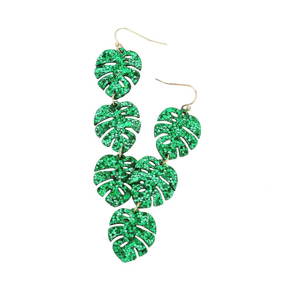 Glittered Triple Tropical Leaf Link Dangle Earrings - Madeline Love - Flyclothing LLC
